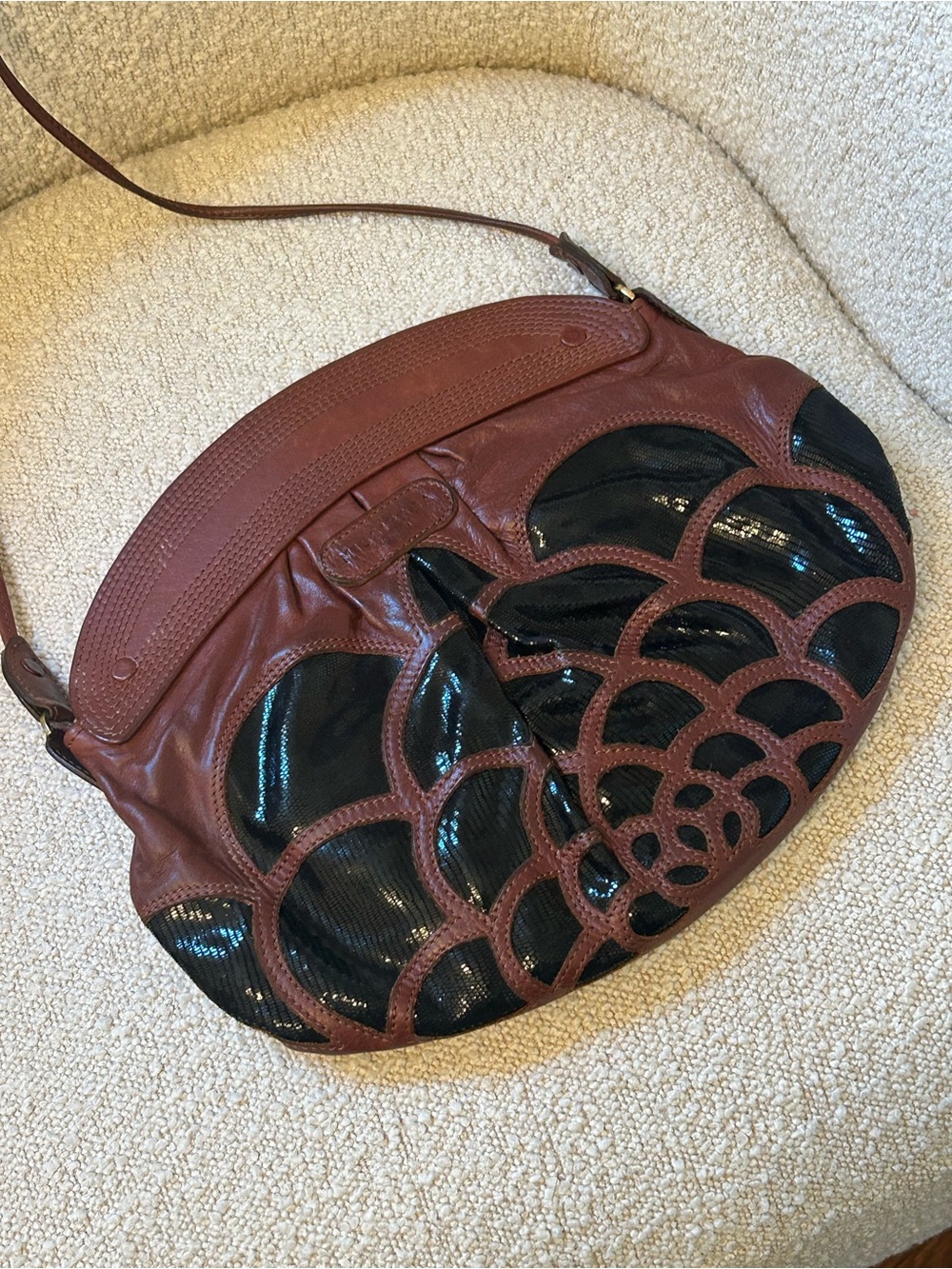 Missibaba Possum Bag - Leather Crossbody with Black Patent Floral Overlay